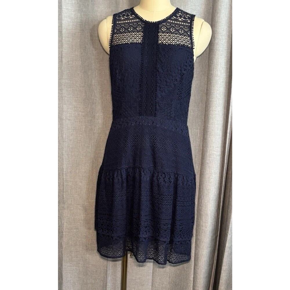 PARKER Nerissa Navy Blue Lace Tiered Sleeveless Fit Flare Dress Size Large